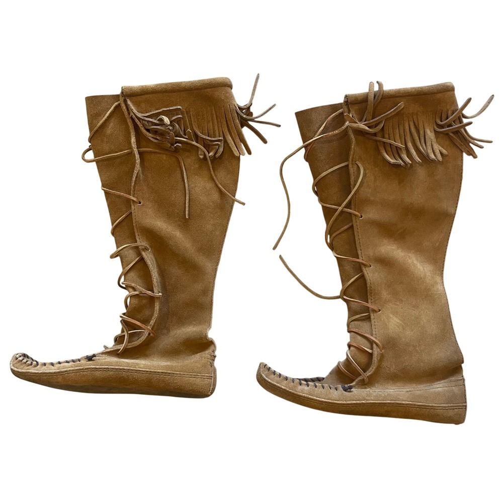 Minnetonka Tan Suede Tall Moccasin Boots Fringe Lace Up Knee High Boho  Shoes